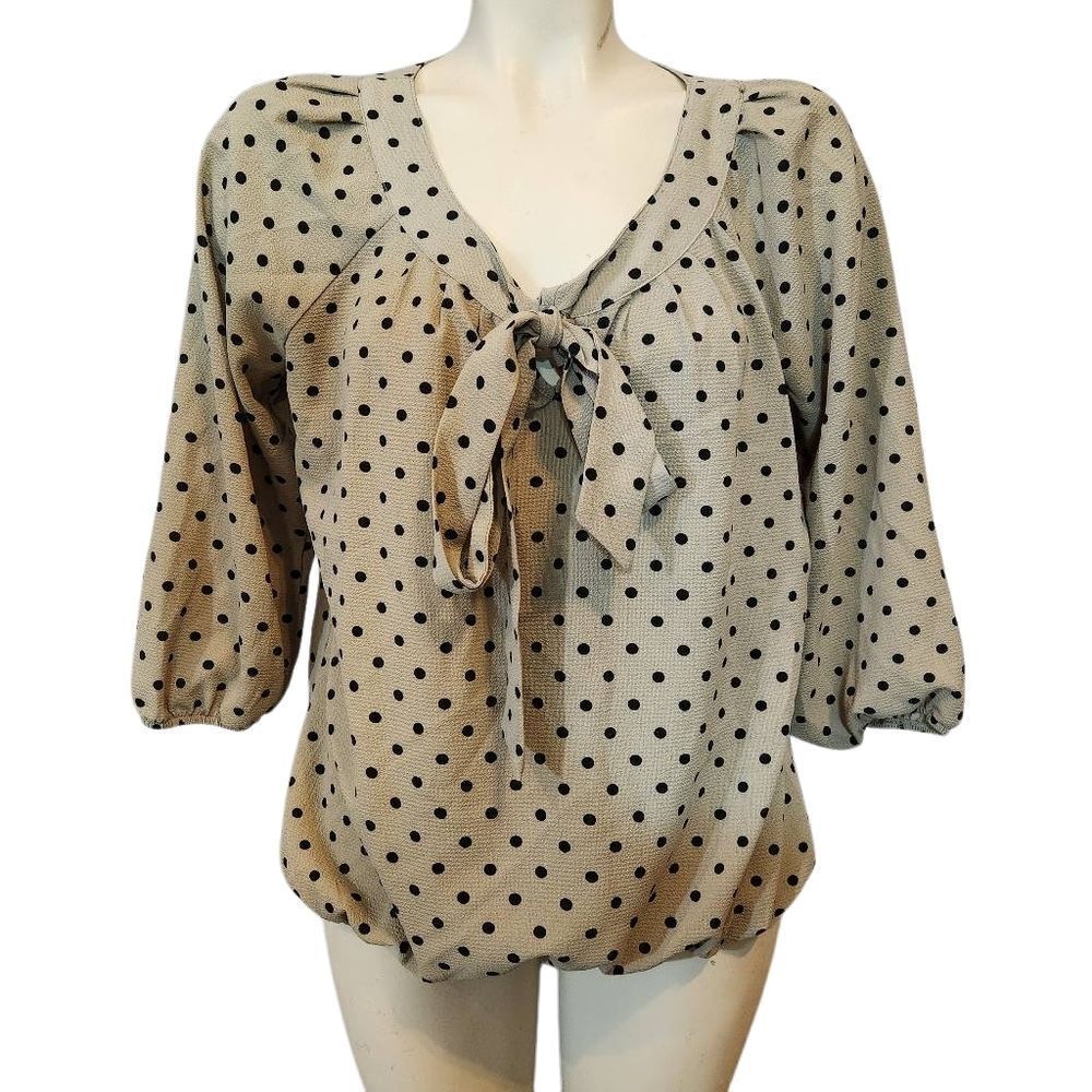 Sara Michelle Tan and Brown 3/4 Sleeve Tie Front Blouse